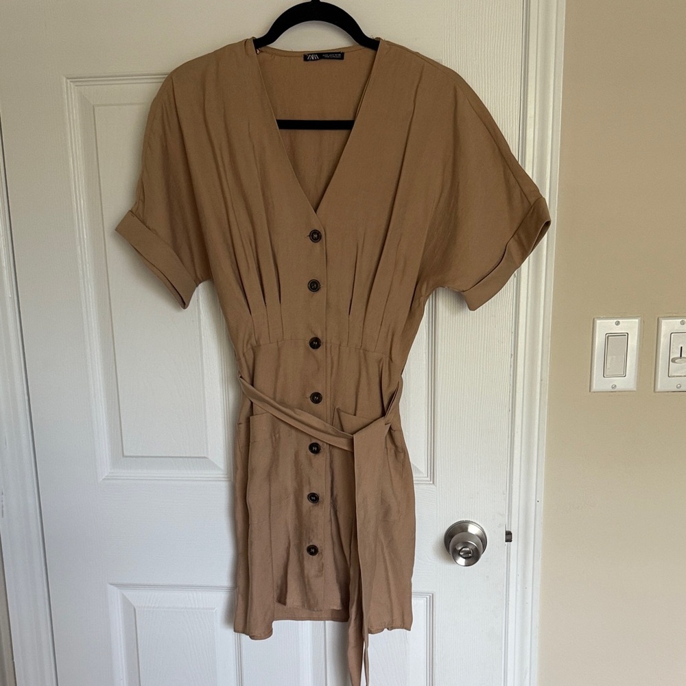 Zara Tan Midi Dress with Button Detail